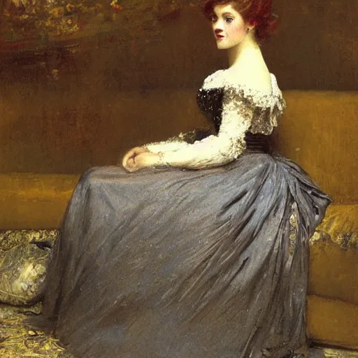 Image similar to young victorian lady in ball gown in a thunderstorm, painted by alfred stevens