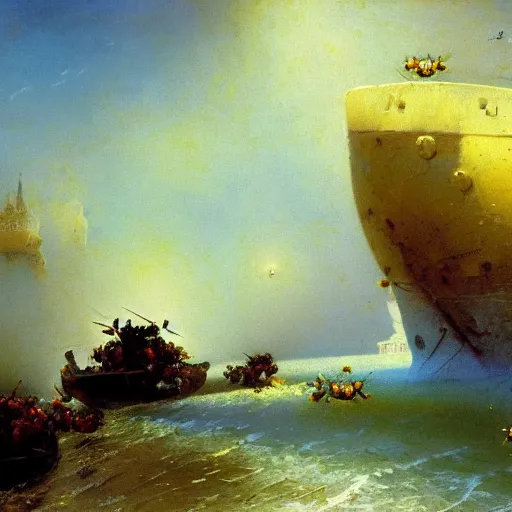 Prompt: Dwarf bees landing in Normandy, 1944, Aivazovsky.