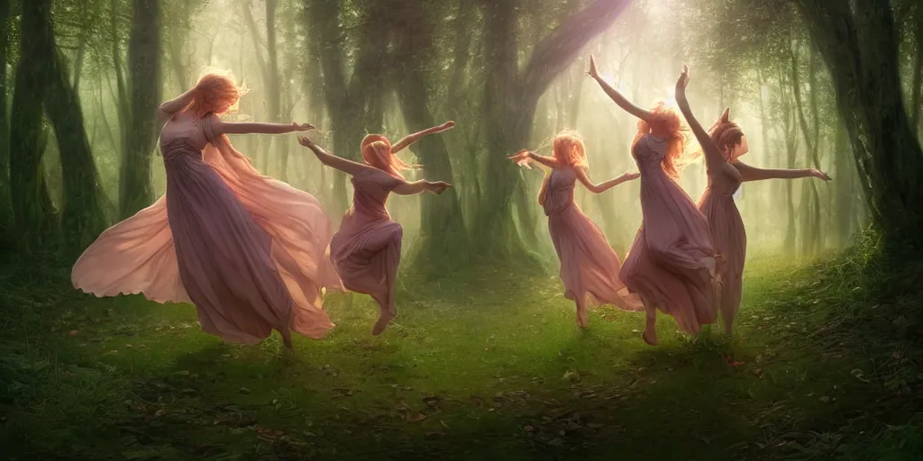 masterpiece ephemeral elven girls dancing in the woods