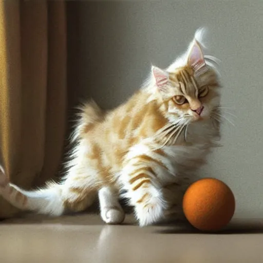 Prompt: cream color maine coon cat chasing a cat-toy-ball in a sunlit bedroom, in style of Ruan Jia