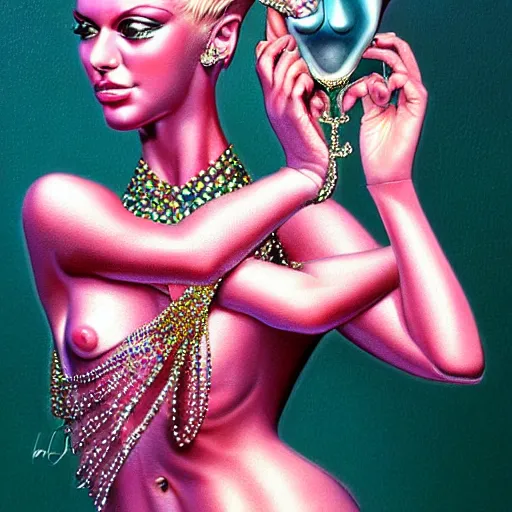 Prompt: a woman with a pink panther in her arms, wearing strong jewerly and crystals, surreal, art by peter lloyd, 1 9 8 0's art, airbrush style, art by hajime sorayama,, intricate, elegant, sharp focus, illustration, highly detailed, h 8 0 0