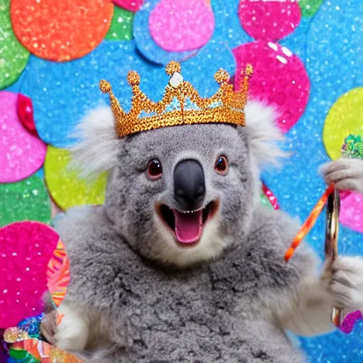 Prompt: smiling fluffy koala wearing a princess dress and crown with confetti background