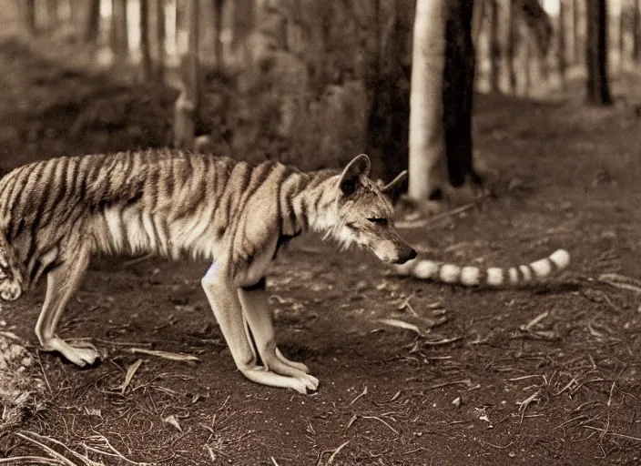 Prompt: photo of a thylacine, ‘Tasmanian ((tiger))’, thylacine, detailed fur, long thin tail, long snout, small eyes, drinking water from a lake, Australia, HD, National Geographic,