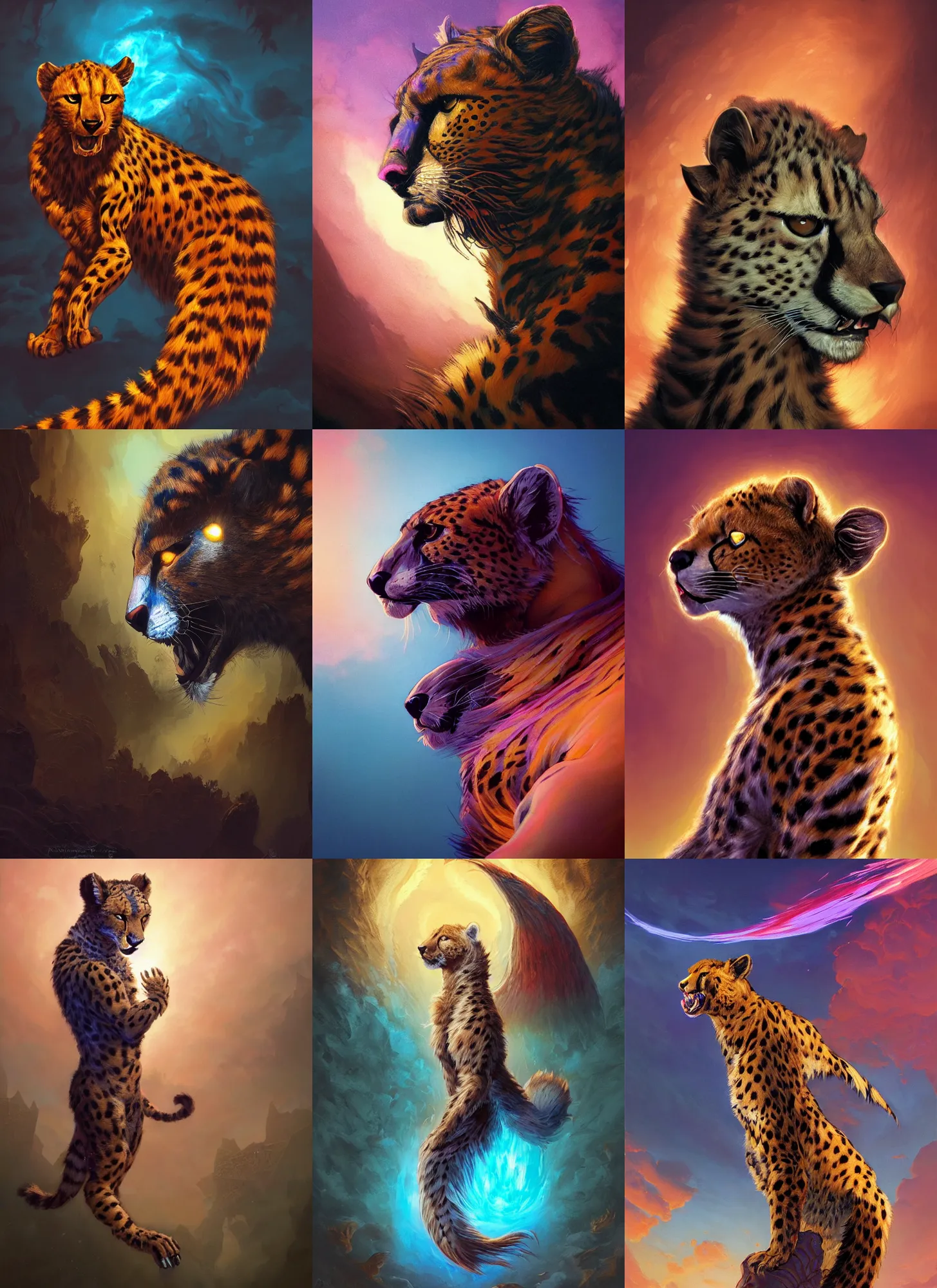 Prompt: side portrait, warrior furry cheetah with wing, realism, gloomhaven, soft, smooth, luminescent, art nouveau tarot, backlit glow, colorful swirly ripples, gaudy colors, aesthetic octane render, unreal engine, 8 k, by greg rutkowski, jesper ejsing, rhads, ilya kuvshinov, cushart krenz