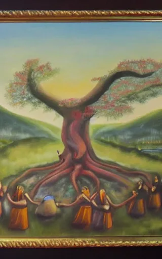 Image similar to yggdrasil and gods resting, nordic folk, oil painting