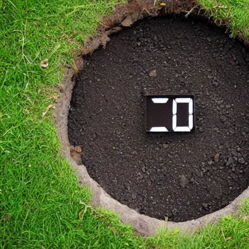 Prompt: a digital clock lying in a hole in the ground, photograph