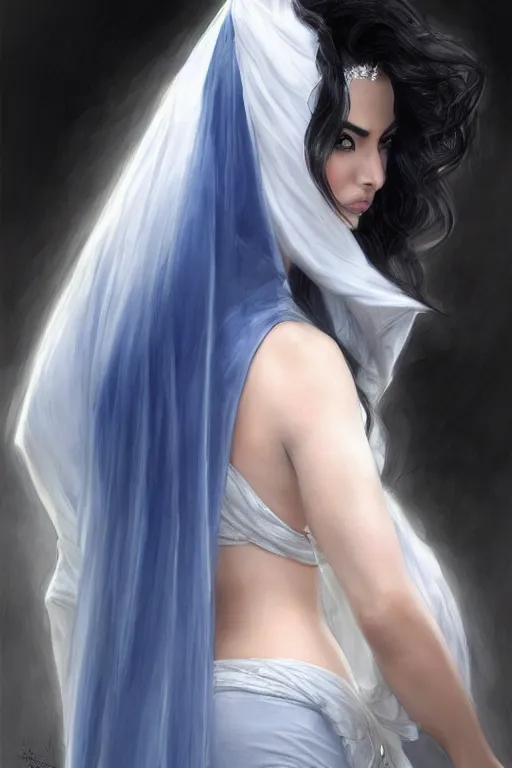 Image similar to back portrait of Ameera al-Taweel, blue eyes, long wavy black hair, fierce look, white veil, closeup, focus face, elegant, highly detailed, centered, digital painting, artstation, concept art, art by artgerm and donato giancola and Joseph Christian Leyendecker, Ross Tran, WLOP