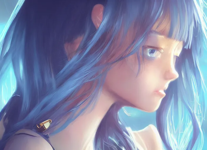 Image similar to teenage girl with sky blue straight hair, bangs, amber eyes, gold eyes, wearing a black jacket, high collar, ultra detailed, concept art, award winning photography, digital painting, cinematic, by wlop, anime key visual, closeup, pixiv, 8 k, yoshitaka amano, ilya kuvshinov,