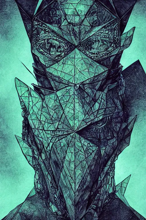 Image similar to portrait of triangle and dragon shaped head with single centered giant diamond eye, in the style of Greg Broadmore and Arthur Rackham,trending on artstation, light lighting side view,digital art,surrealism ,macro,blueprint ,vaporwave ,