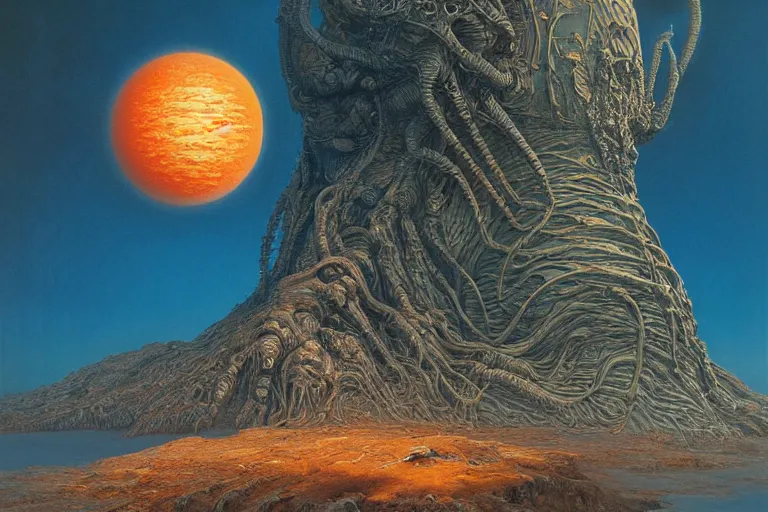 Prompt: oil painting, super - detailed scene of a creature the size of a planet, japanese sci - fi books art, artwork by jean giraud and zdzislaw beksinski and michael whelan and hr giger, hd, 4 k, high quality