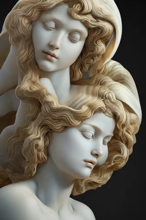 Prompt: Marble Sculpture of Aphrodite rising out of the sea in a clam shell, photorealistic, volumetric lighting, inspired by The Birth of Venus by Sandro Botticelli, trending on artstation.