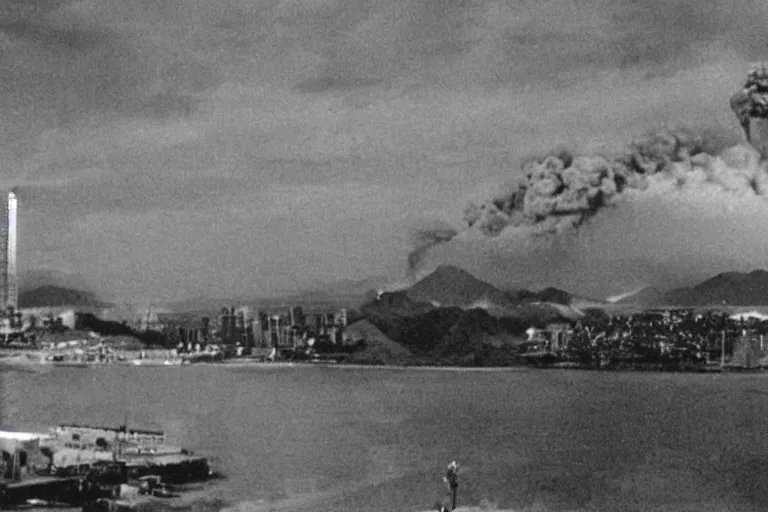 Prompt: a filmstill of Kim Jong-il, monster destroying Pyongyang, in Godzilla (1954) by Ishirō Honda, traditional Korean city, palace, epic ultrawide shot, cinémascope
