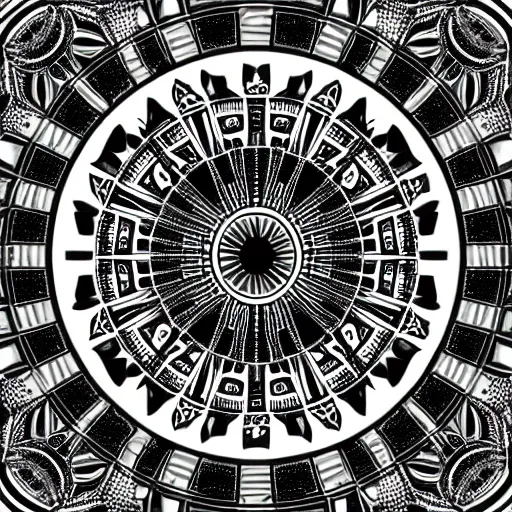 Image similar to a circular mandala with five symbolic hot air balloons equally spaced in a radial hexagonal configuration around a symbolic sun at its center. a precise black and white digital image.