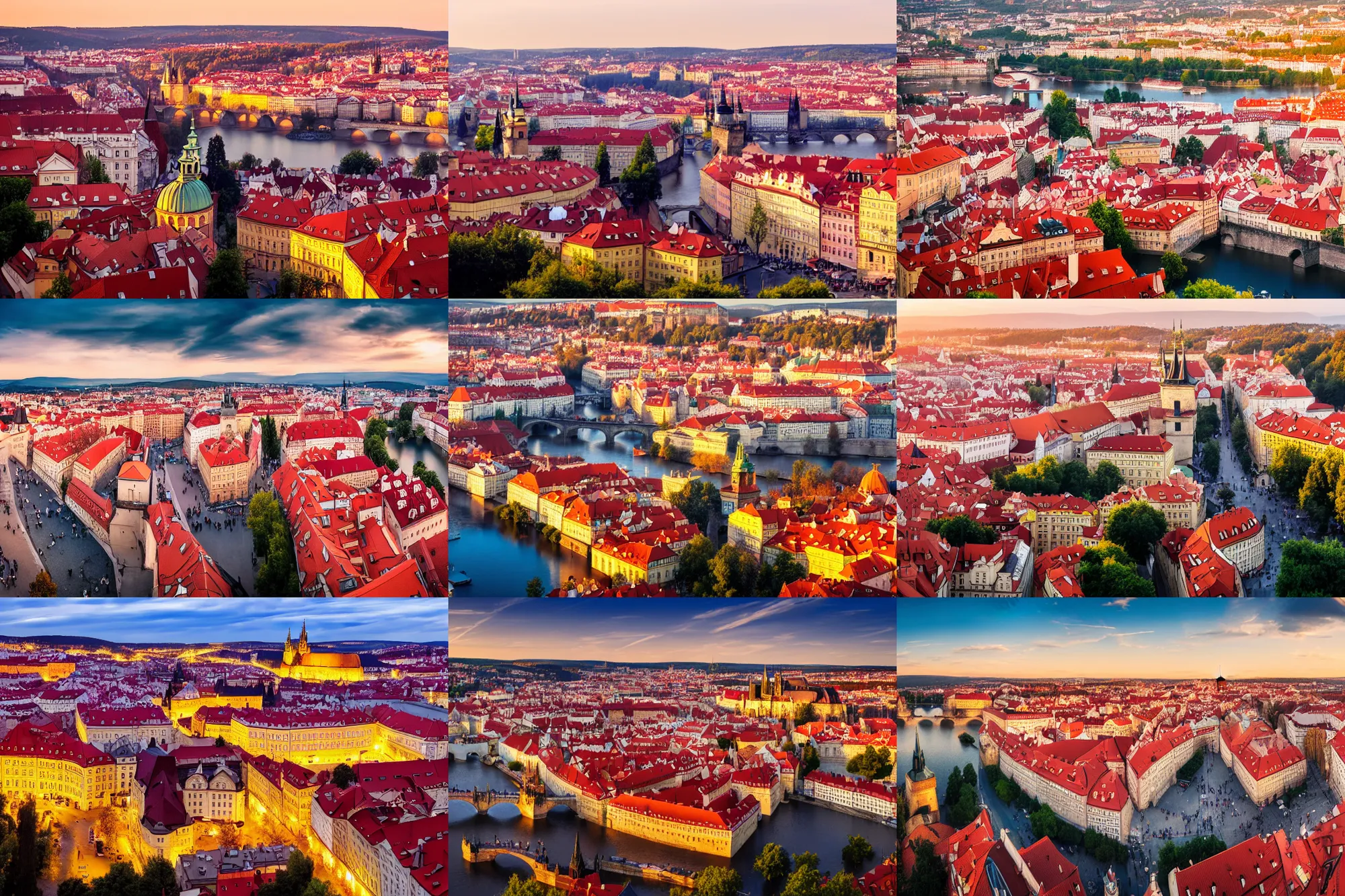 Prompt: aerial view of prague, panoramic photography, golden hour, soft lighting, beautiful photo