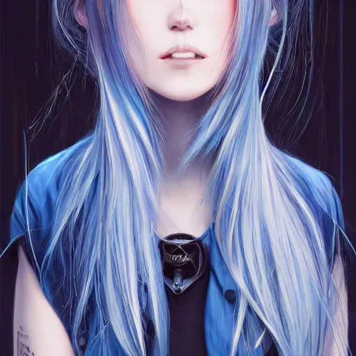 Image similar to full face shot of rimuru tempest, sky blue straight hair, long bangs, with amber eyes, wearing a black jacket, high collar, ultra detailed, concept art, award winning photography, digital painting, cinematic, wlop artstation, closeup, pixiv, evil, yoshitaka amano, andy warhol, ilya kuvshinov,