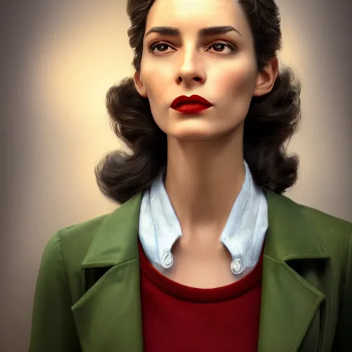 Image similar to A videogame portrait of a Spanish young woman in her 40's with high cheekbones. Good bone structure. Dressed in 1940s style. Highly detailed, fine Art, high detail, great lighting, 8k resolution, masterpiece, concept art, illustration, clear eyes, painting oil on canvas, octane render, HDR, trending on artstation, 4k, 8k, HD