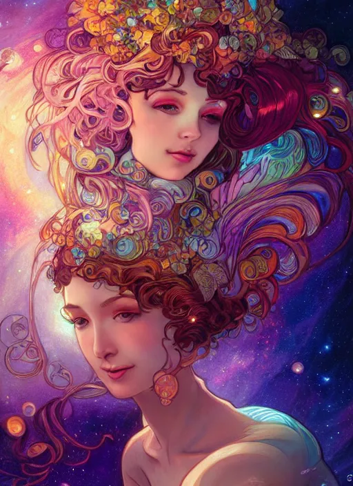 Prompt: Galaxy Goddess, ambient lighting, 4k, josephine wall, alphonse mucha, lois van baarle, ilya kuvshinov, rossdraws, artstation