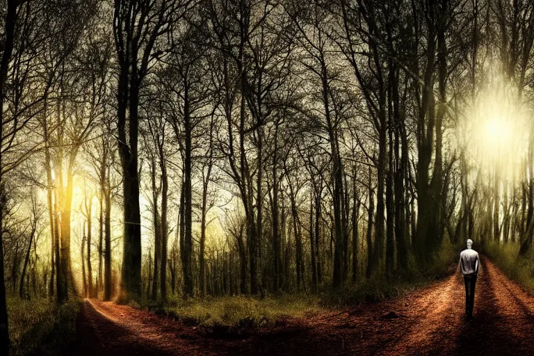 Image similar to a man standing on a dirt road in the woods, a stock photo by gregorius sickinger, pixabay contest winner, primitivism, rendered in maya, anamorphic lens flare, dark