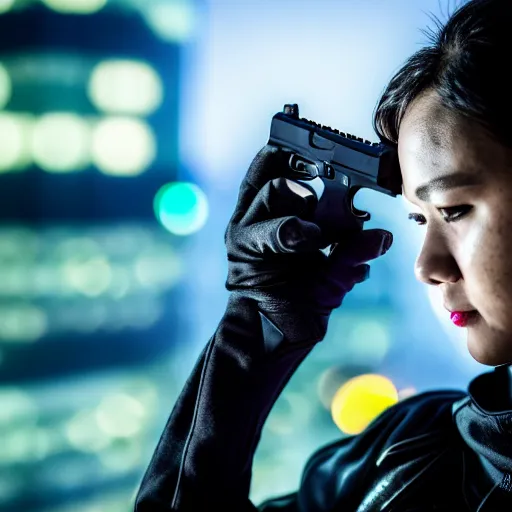 Image similar to photographic portrait of a techwear woman holding a Glock 18, closeup, on the rooftop of a futuristic city at night, sigma 85mm f/1.4, 4k, depth of field, high resolution, 4k, 8k, hd, full color