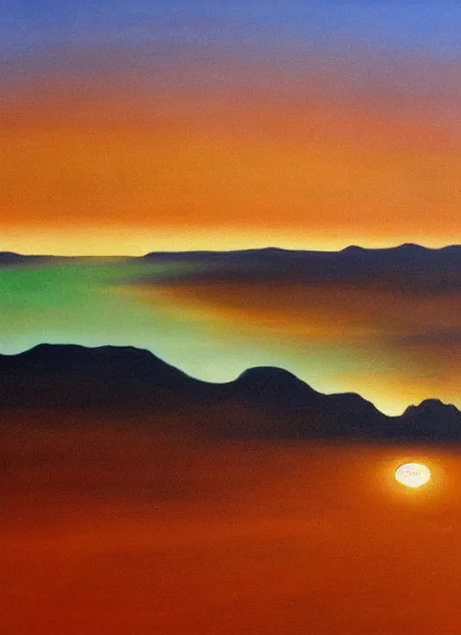 Image similar to high detailed oil painting of sunrise in desert painted by salvador dali