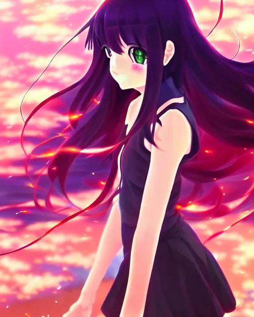 Image similar to anime style, vivid, expressive, full body, 4 k, painting, a cute magical girl with a long wavy black hair, stunning, realistic light and shadow effects, centered, simple background, studio ghibly makoto shinkai yuji yamaguchi