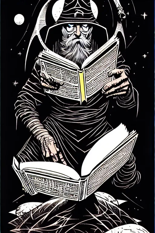 Image similar to wizard reading a book, high details, intricately detailed, by vincent di fate, inking, 3 color screen print, masterpiece, trending on artstation,, sharp, details, hyper - detailed, hd, 4 k, 8 k