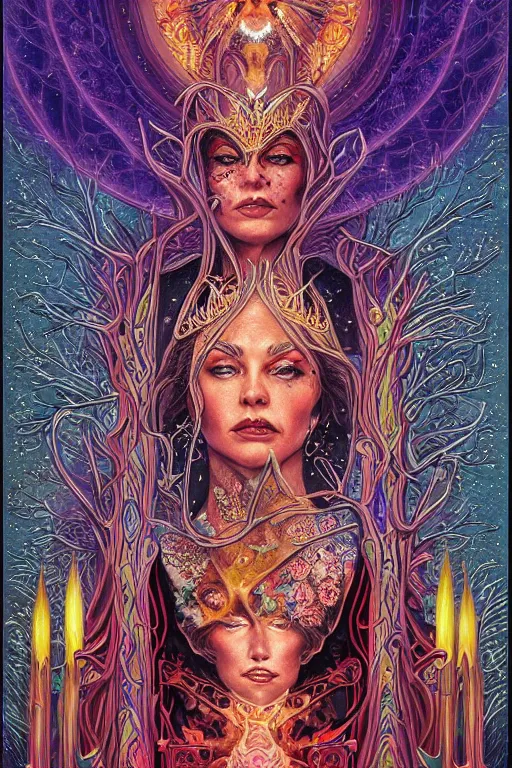 Image similar to beautiful tarot card of the queen of dreams by carol bak and alex grey and dan mumford, oil on canvas, intricate, border, symmetrical, portrait, 8k highly professionally detailed, HDR, CGsociety