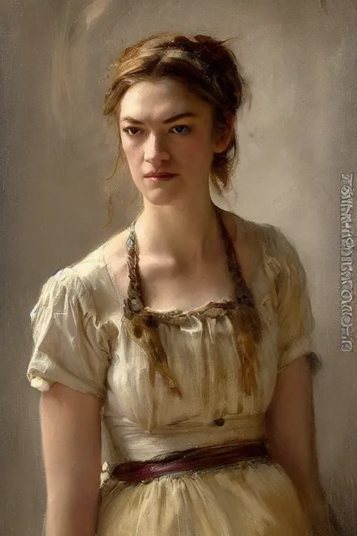 Image similar to Yvonne Strahovski by Solomon Joseph Solomon and Richard Schmid and Jeremy Lipking victorian genre painting full length portrait painting of a young beautiful woman traditional german barmaid in traditional costume