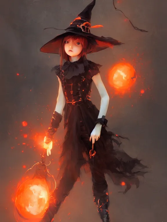 Image similar to Full shot of a cute mischievous young witch about to get up to some trouble. Black and Orange palette. By Ruan Jia and Artgerm and Range Murata and WLOP and CLAMP. Key Art. Fantasy Illustration. award winning, Artstation, intricate details, realistic, Hyperdetailed, 8k resolution.