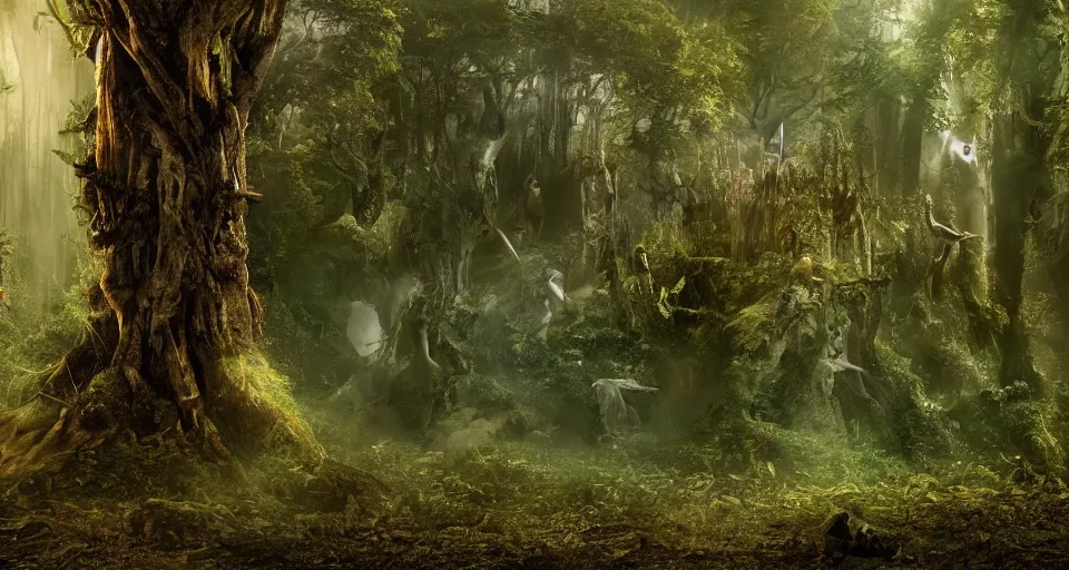 Image similar to Enchanted and magic forest, by Zack Snyder
