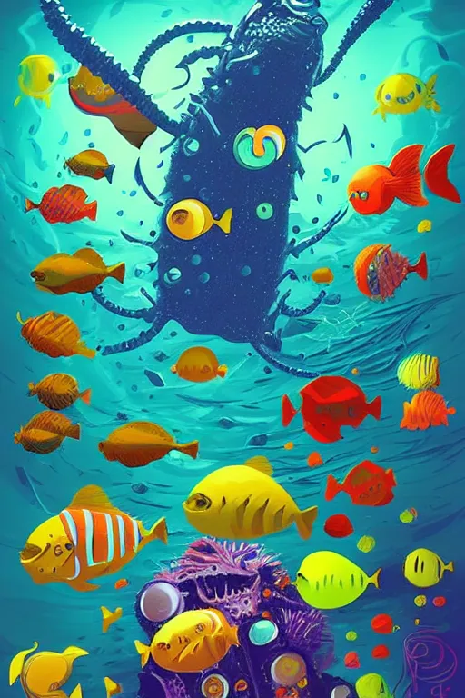 Image similar to life deep inside the sea with all monster on it. pop art, no duplicate image, glowing lights, ultra details, digital painting, artstation, concept art, smooth, sharp focus, illustration, intecrate details, art by richard hamilton and mimmo rottela, pixels art by kirokaze and paul robertson