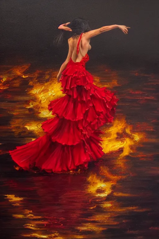Prompt: detailed oil painting of spanish flamenco dancer wearing a red dress made of flowers, engulfed in flames, she's standing waist deep in water, dimly lit, looking away, dark shadows, ethereal, foggy, moody, surreal, high definition, 4 k, slr