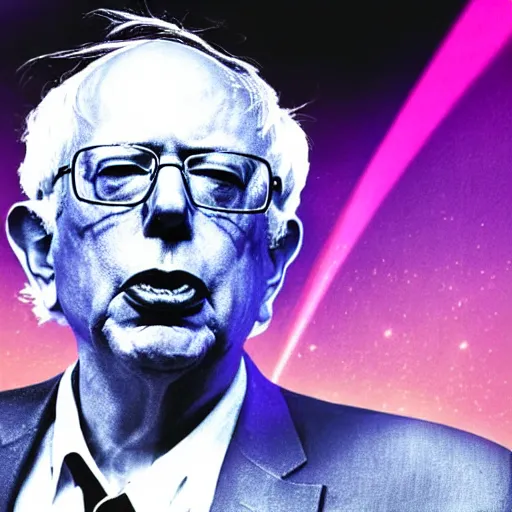 Image similar to a heat ray shooting out of bernie sanders'eyes, synthwave