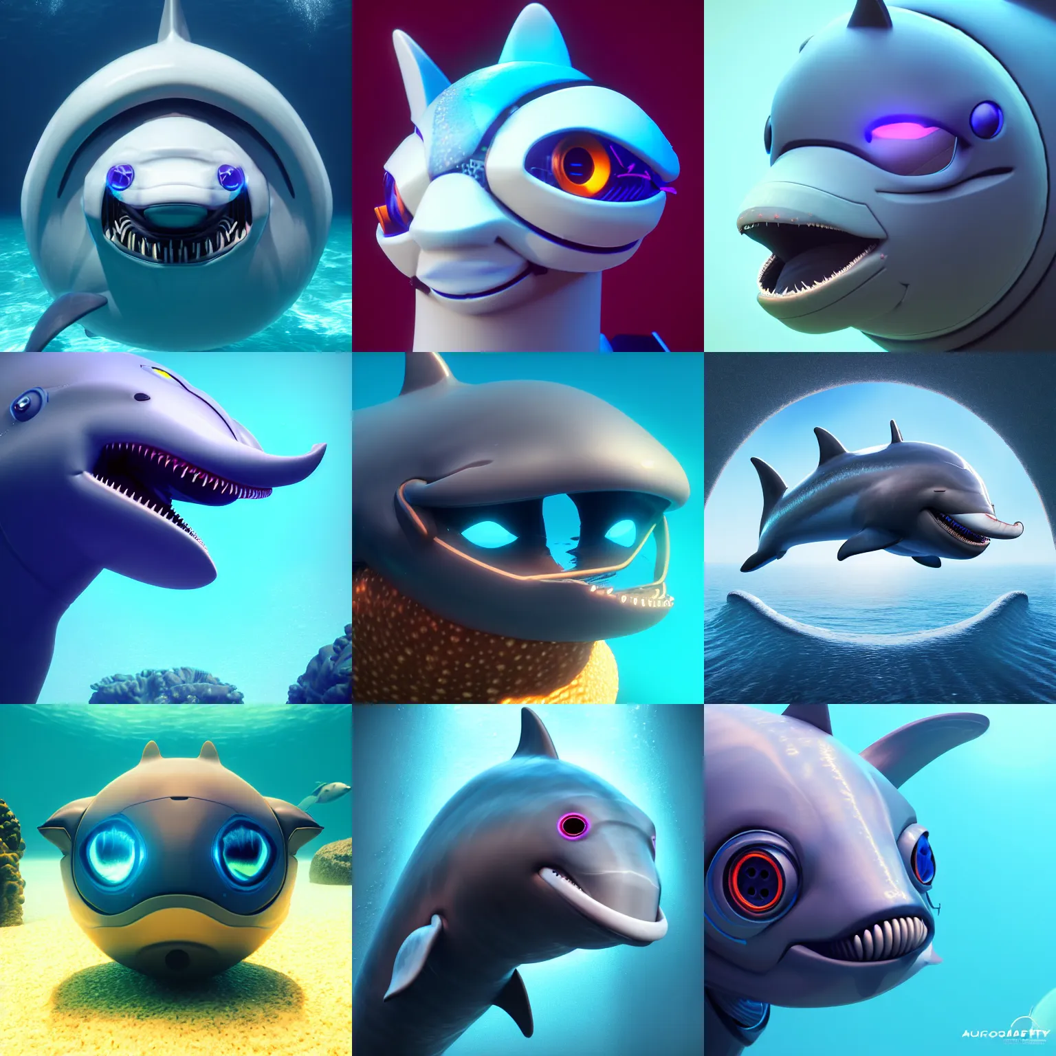 Prompt: furry art, bust profile picture of a robotic dolphin underwater, large eyes, round shapes, commission on furaffinity, cgsociety, octane render, subnautica