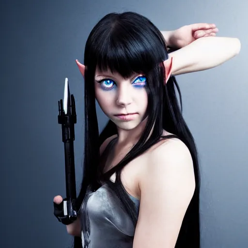 Prompt: young half - elf girl, black shoulder - length hair, blue eyes, cyborg