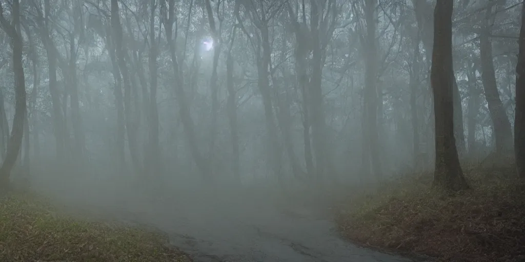 Prompt: unknown menacing slime dripping wet nightmarish!!!, hellish!!!, visceral!!!, alien!!!, creatures, staring you down, windy forested hilly trail, fog, rain, volumetric lighting, beautiful, horrific, golden hour, sharp focus, ultra detailed, cgsociety