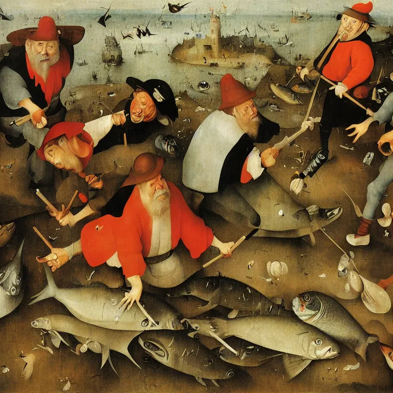 Image similar to The portrait of three sarcastic mans with a lot of fish running away from Grim Reaper who laughs and follow them, by Hieronymus Bosch and Pieter Bruegel inspired by Terry Pratchett, super detailed oil painting, hyper realistic, 4k, masterpiece