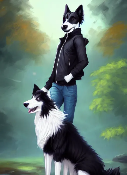 Image similar to wide angle beautiful full body portrait of a cute male anthropomorphic border collie fursona wearing a jacket in front of a park, character design by charlie bowater, henry asencio, and ross tran, furry art, furaffinity, scenic background, beautiful, fantasy, glamor pose, detailed, trending on artstation