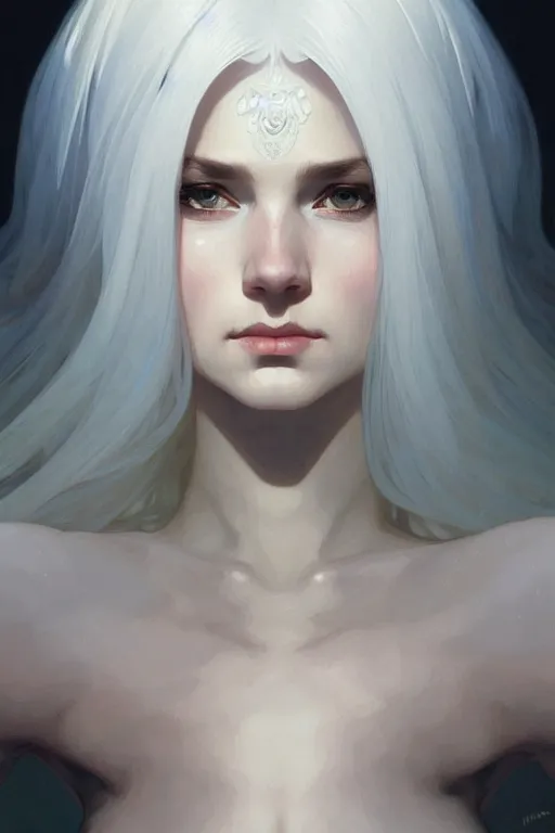 Prompt: a very beautiful white haired woman, fantasy, portrait, sharp focus, intricate, elegant, digital painting, artstation, matte, highly detailed, concept art, illustration, ambient lighting, art by ilya kuvshinov, artgerm, alphonse mucha, and greg rutkowski