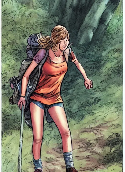 Image similar to beautiful concept art comic book drawing of taylor swift hiking by randy vargas and simon bisley