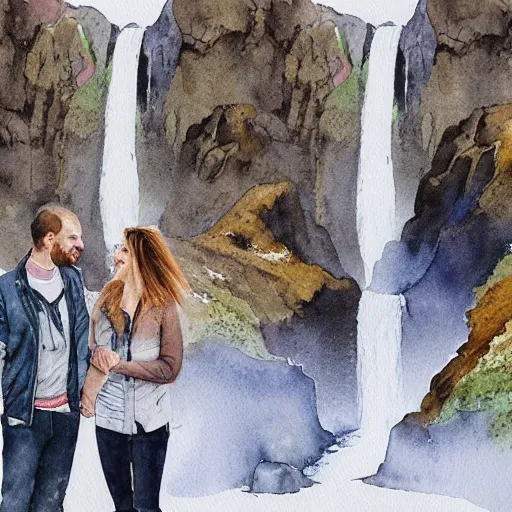 Image similar to a highly detailed watercolor painting of a couple getting engaged by icelandic waterfall Skógafoss