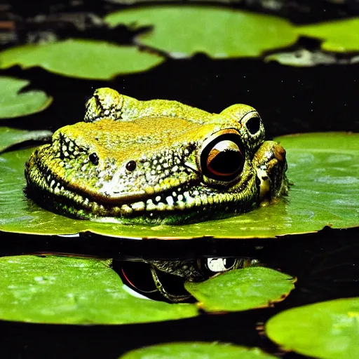 Prompt: dark clouds, close - up of a alien space frog in the pond with water lilies, shallow depth of field, highly detailed, autumn, rain, bad weather, ominous, digital art, masterpiece, matte painting, sharp focus, matte painting, by isaac levitan, asher brown durand,