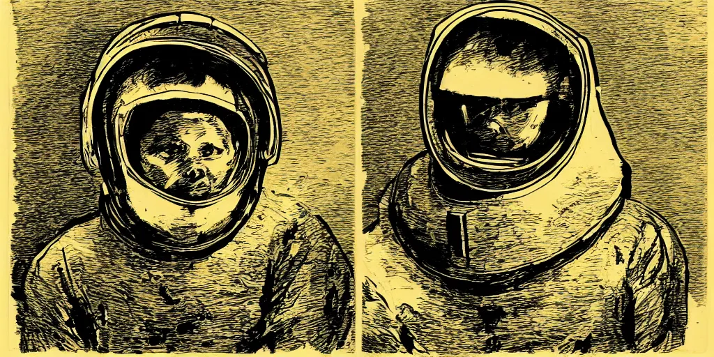 Prompt: portrait of a person wearing a space helmet, in the style of Goya etchings