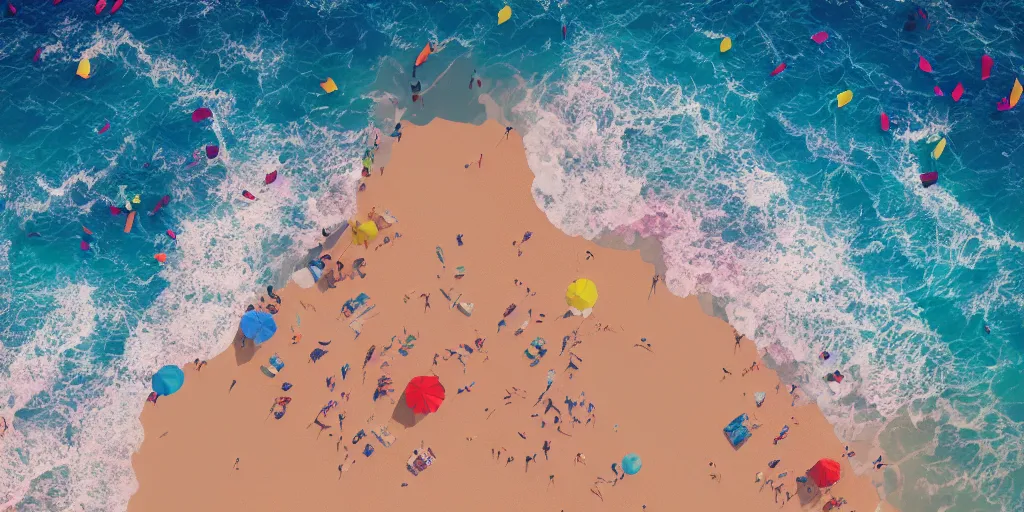 Image similar to a film still of a sunny, windy and colourful beach scene in santa monica, los angelos, aerialshot, wes anderson, studio ghibli, pixar and disney animation, sharp, rendered in unreal engine 5, anime key art by greg rutkowski, bloom, dramatic lighting