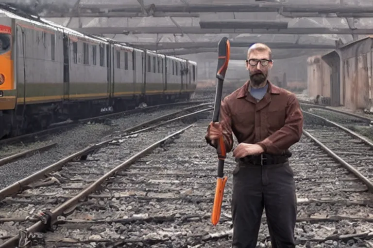 Prompt: vfx movie closeup real life gordon freeman holding crowbar in russian train yard by emmanuel lubezki