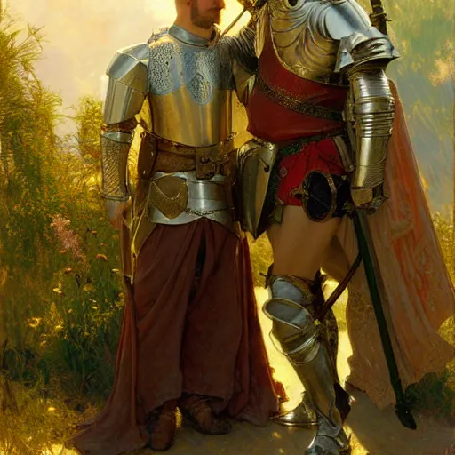 Image similar to attractive arthur pendragon and his attractive male knight, they are in love, natural lighting, path traced, highly detailed, high quality, digital painting, by gaston bussiere, craig mullins, alphonse mucha j. c. leyendecker