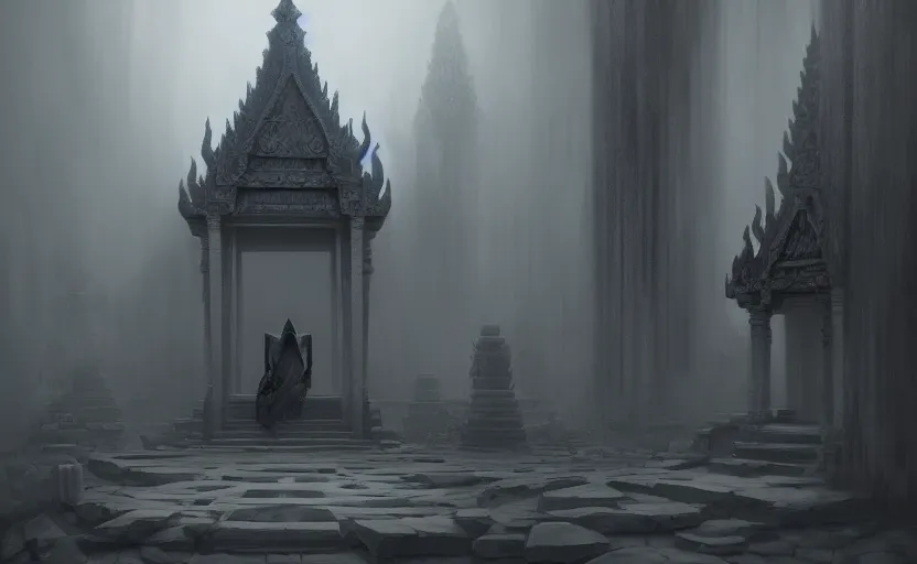 Prompt: the grim reaper at a dark khmer temple, soft grey and blue natural light, intricate, digital painting, artstation, concept art, smooth, sharp focus, illustration, art by greg rutkowski and luis rollo and uang guangjian and gil elvgren, symmetry!