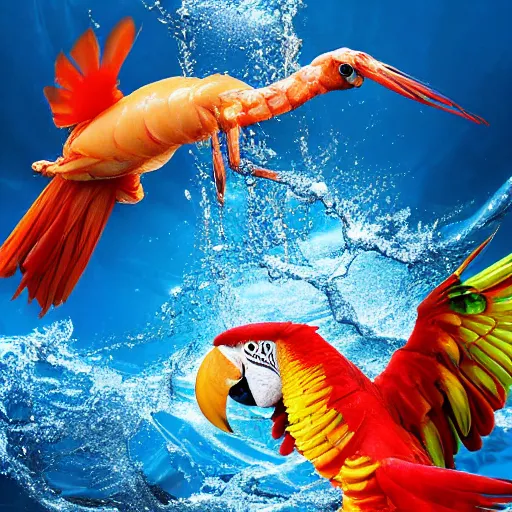 Prompt: a shrimp flying over a parrot swimming, realistic reflections, realistic lighting