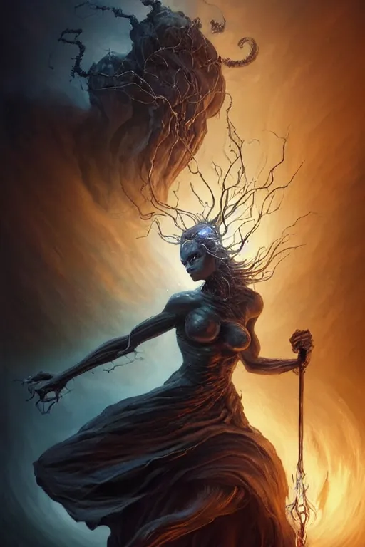 Image similar to Beautiful Eldritch Goddess of Black Lightning Attacking a Riverside Town, digital art, fantasy, magic, trending on artstation, illustration by Seb McKinnon and Peter Mohrbacher, ultra detailed, atmospheric, powerful presence, bossfight, darksouls, grand finale, explosive entrance, final battle, cutscene, cinematic lighting, unleashing the power of the flame, burning pulse, close-up