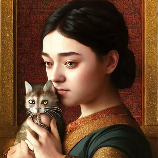 Prompt: Portrait of arya stark as javanese princess kissing a cat, elegant, digital painting, highly detailed, fantasy, artstation, concept art, smooth, sharp focus, illustration, art by William-Adolphe Bouguereau and artgerm and greg rutkowski and alphonse mucha